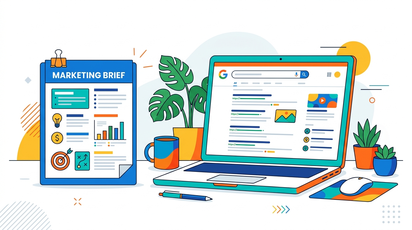 Marketing brief beside laptop showing search results