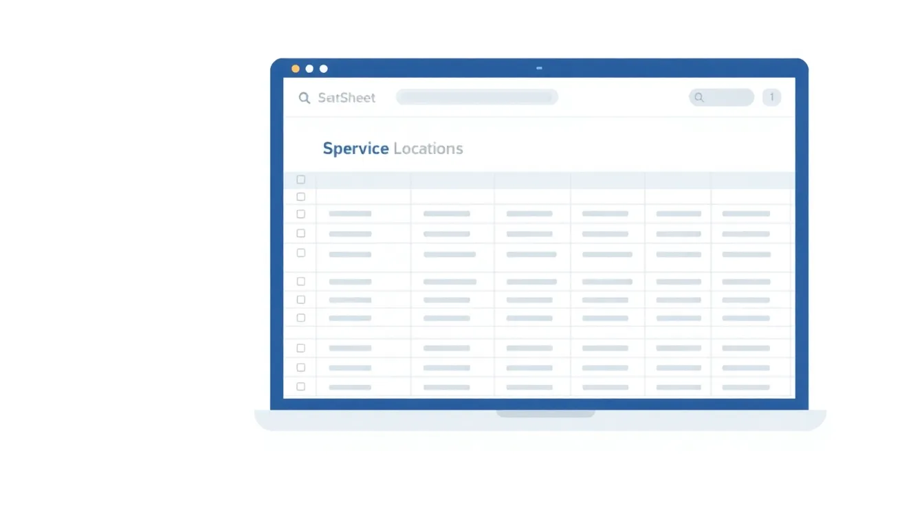 Spreadsheet of service locations beside a website page template