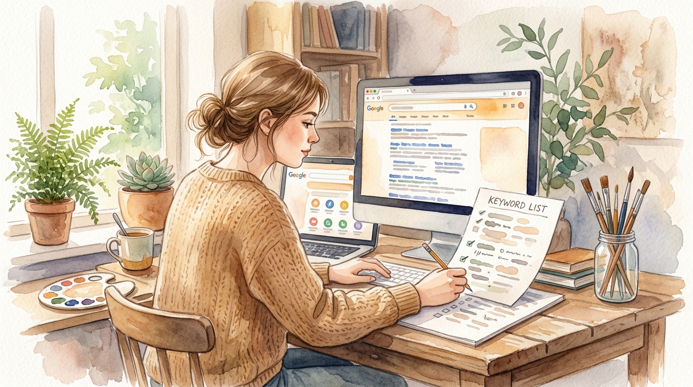 Marketer reviewing Google results beside a keyword list on laptop